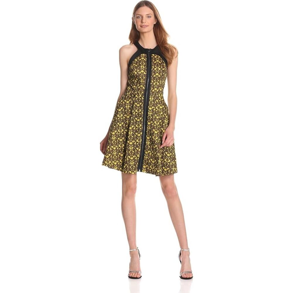 B0 Auth ROBERT RODRIGUEZ Gold/Blk Fit & Flare Pleated Filigree Print Dress Sz 6